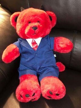 Build-A-Bear Red Plush Bear in Blue Suit with Red Tie